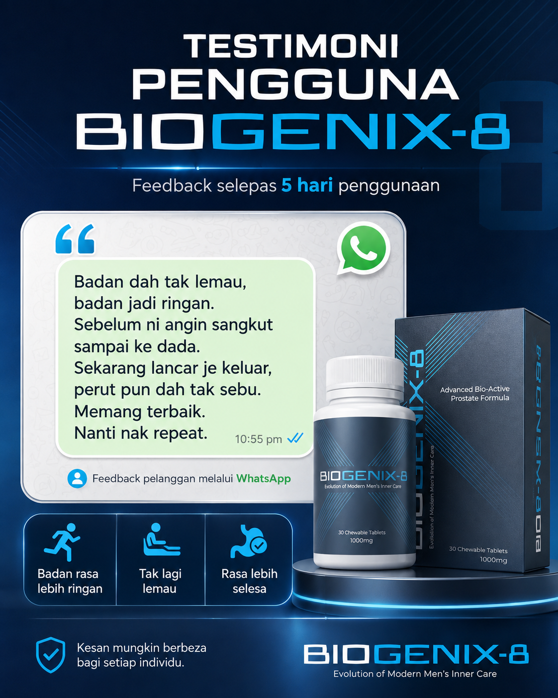 Testimoni pengguna BIOGENIX-8 selepas 5 hari penggunaan